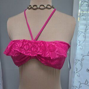 NWT $63 Ralph Lauren Bandeau Bikini Top LARGE Hot Pink Ruffled Crochet Lace